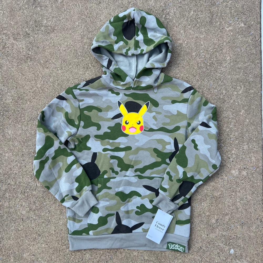 Pokemon Pikachu Camo Hoodie Kids Medium Mad Engine Comfy Fleece Green Grey NWT